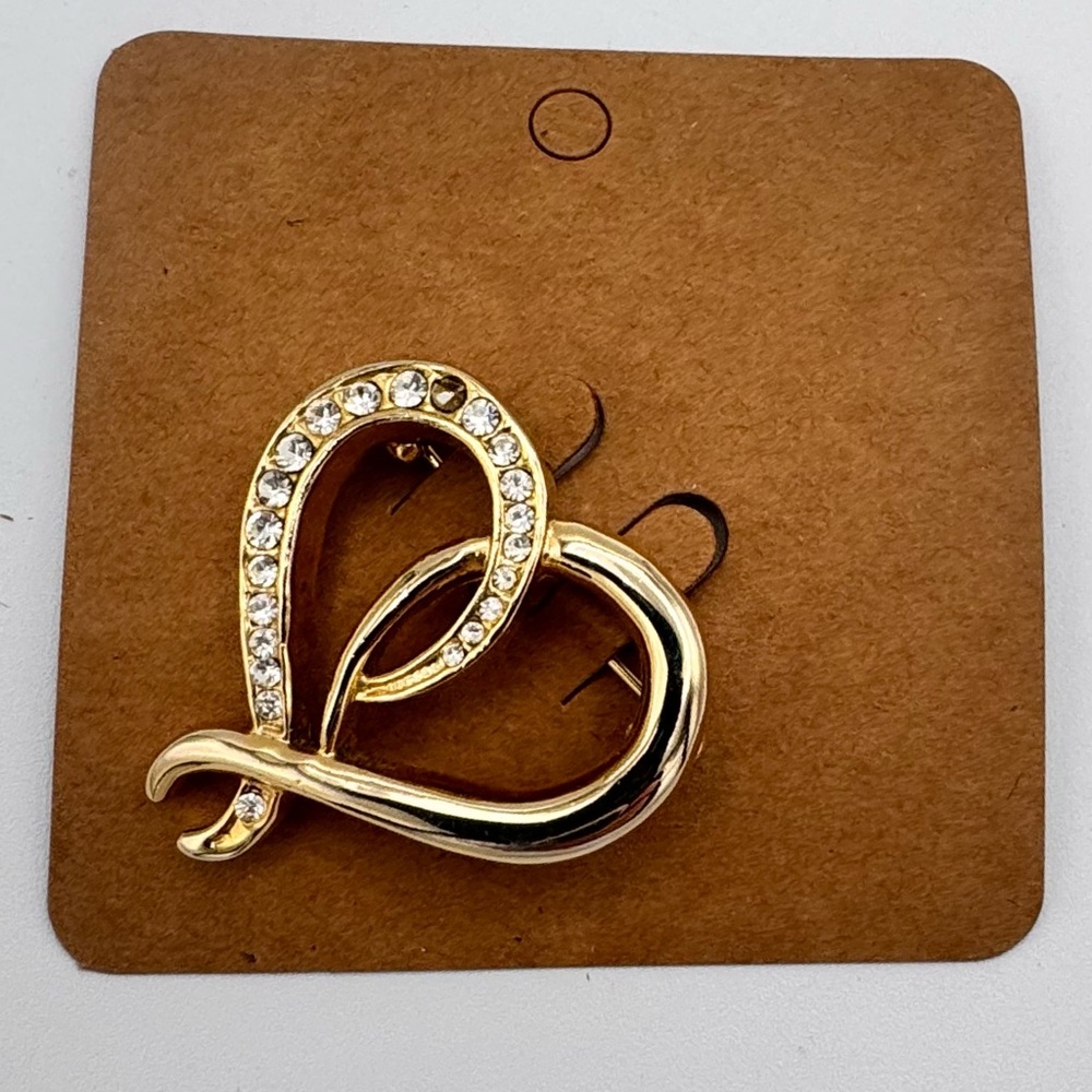 Gold Tone Rhinestone Heart Brooch 1.5”